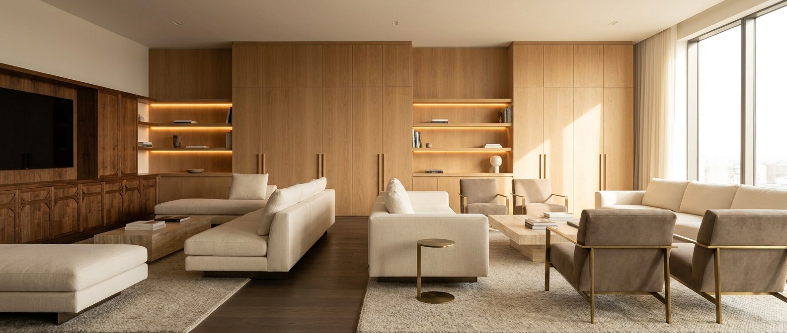 Sala con carpintería arquitectónica a la medida fabricada por Encanto
