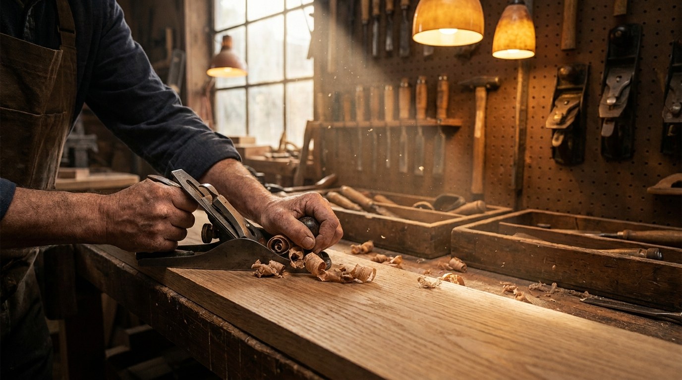Carpintero cepillando una tabla de roble en el taller de Encanto